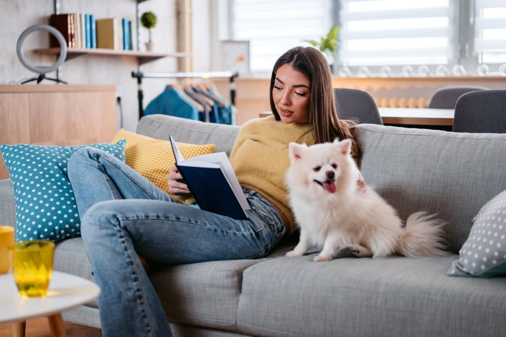 reading a book, woman and pet dog