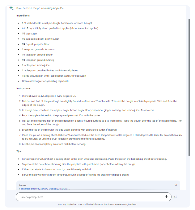 Google Bard, apple pie recipe with Bard
