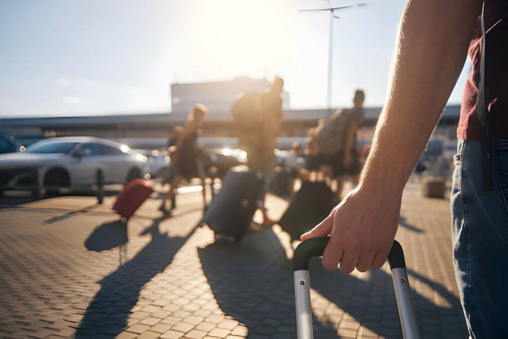 a group of people walking to the airport terminal from the parking lot