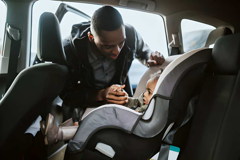 dad securing his baby in a car seat for kids