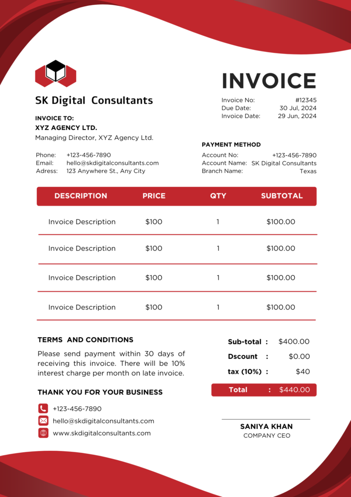 business invoice, content writing services