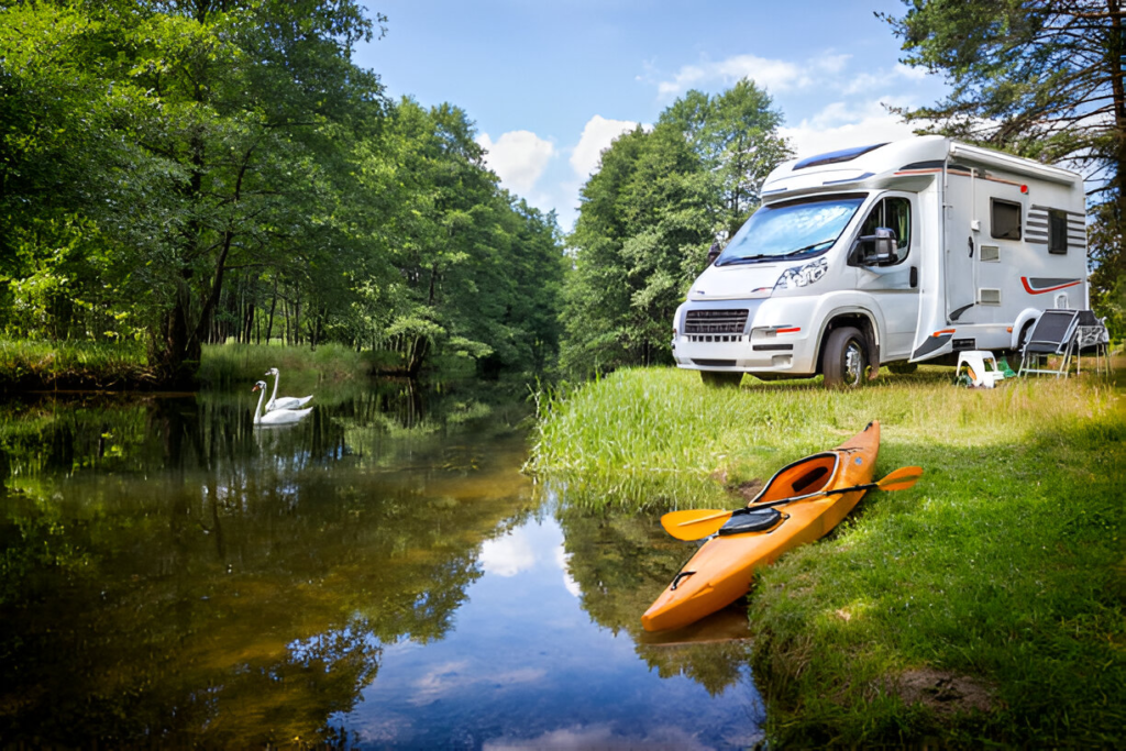 spending time in nature, RV parked near a lake