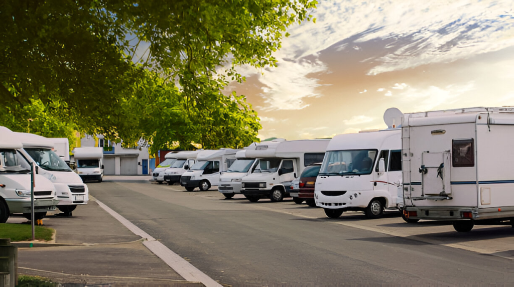 parking lot, parking spots with amenities for RVs