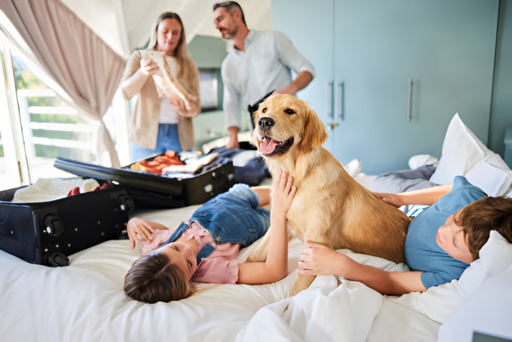 family with a pet on vacation