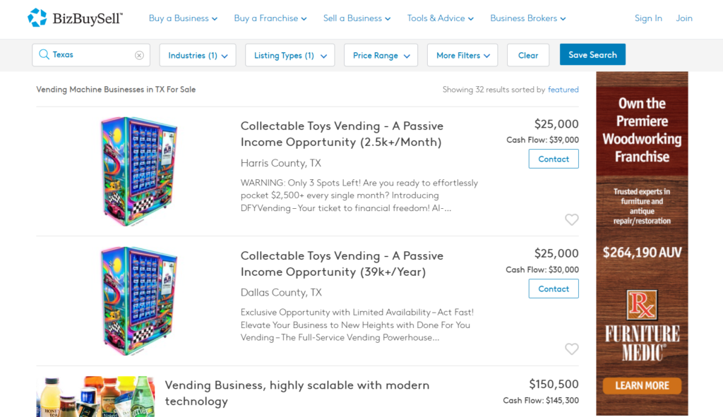 vending machine business listings, BizBuySell