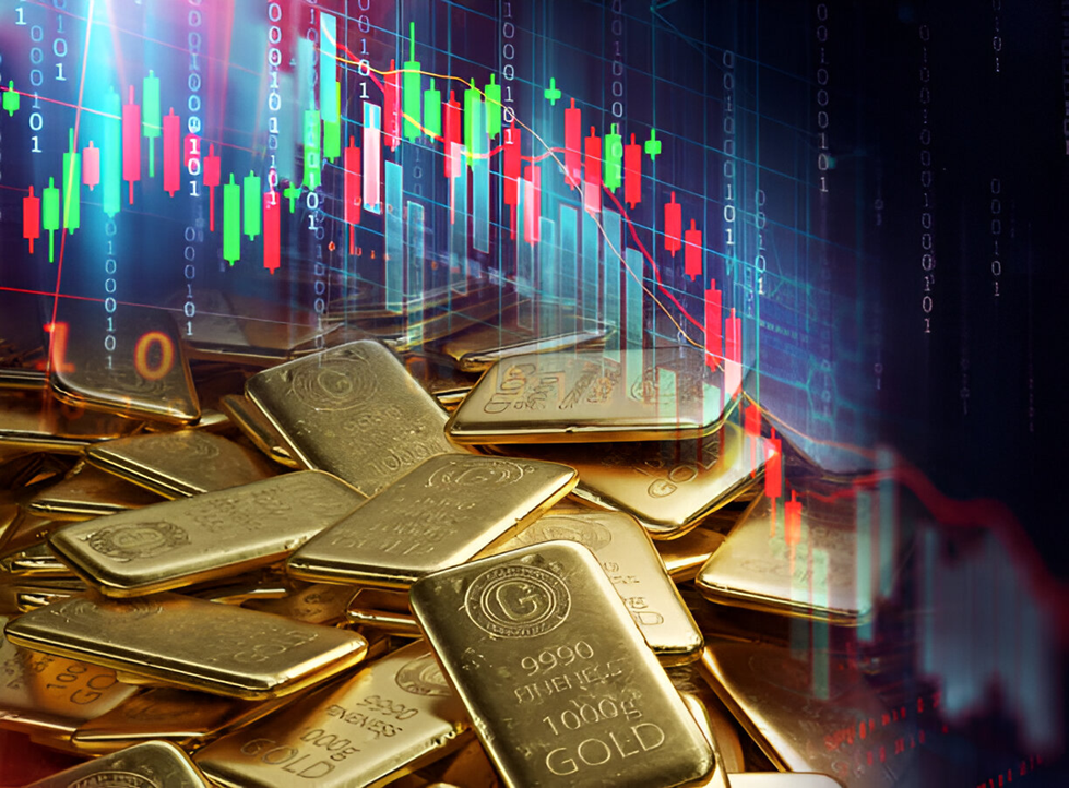saving in precious metals, stack of shiny gold bars